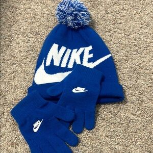 Nike Kids Blue Beanie and Gloves Set